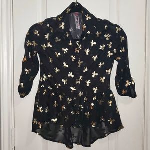 Metallic Bows Sheer Ruffled High-Low Top